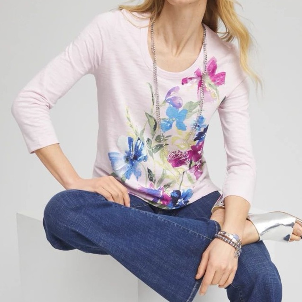 Chico's Floral Slub Scoop Neck Tee in Lavender Skies NWT Size M - Picture 2 of 8
